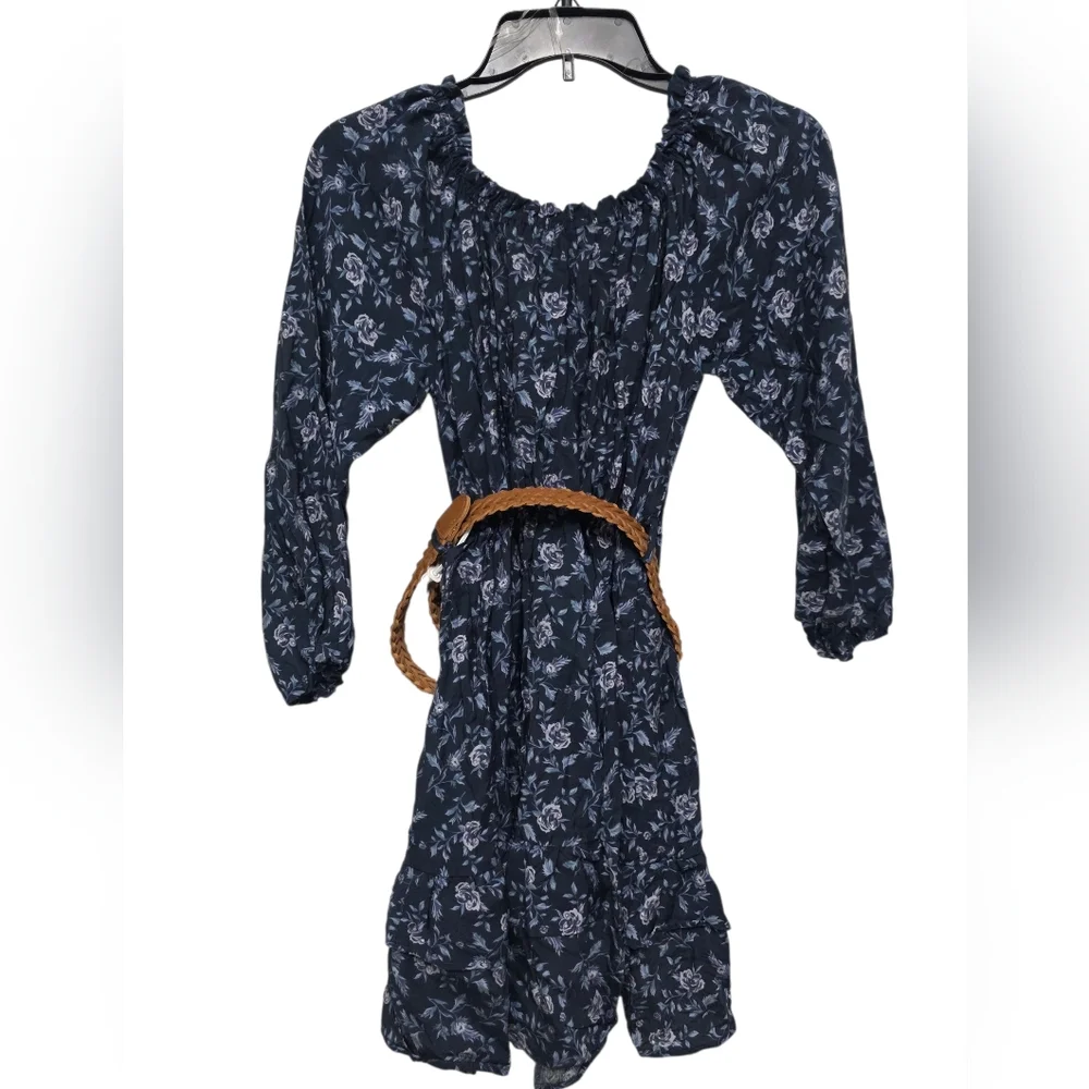 Liberty Love Floral Print Off Shoulder Tiered Casual Dress Braid Belt Size M